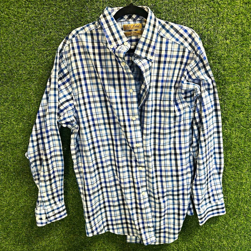 Gold Label Roundtree & Yorke Non-Iron Plaid Button-Down Men's L Blue/White